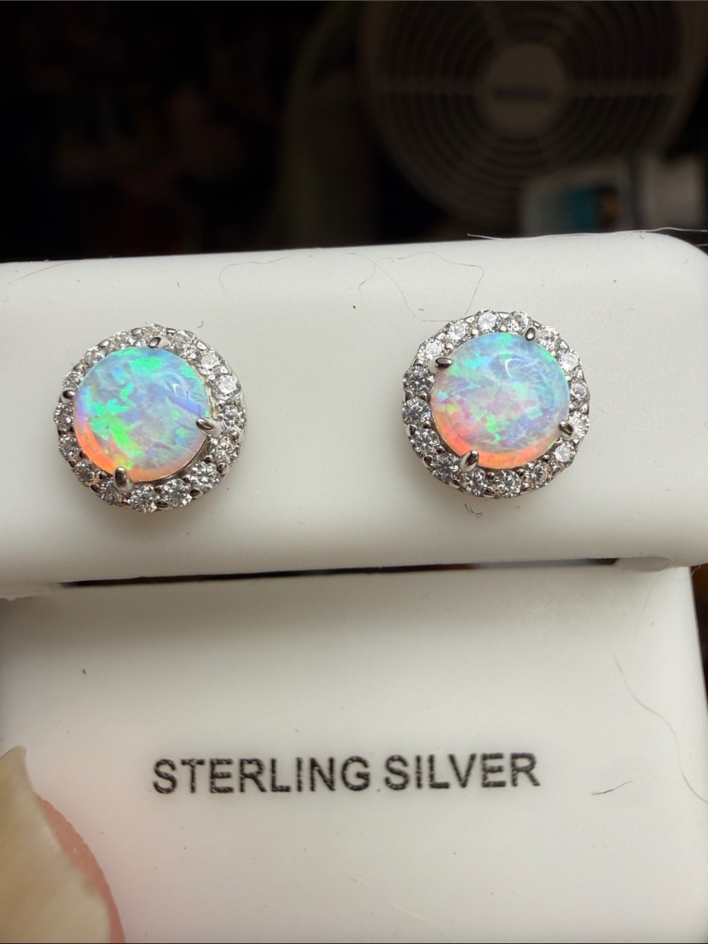 Sterling Silver Opal Halo Stud Earrings White Opal Moissanite diamonds surround